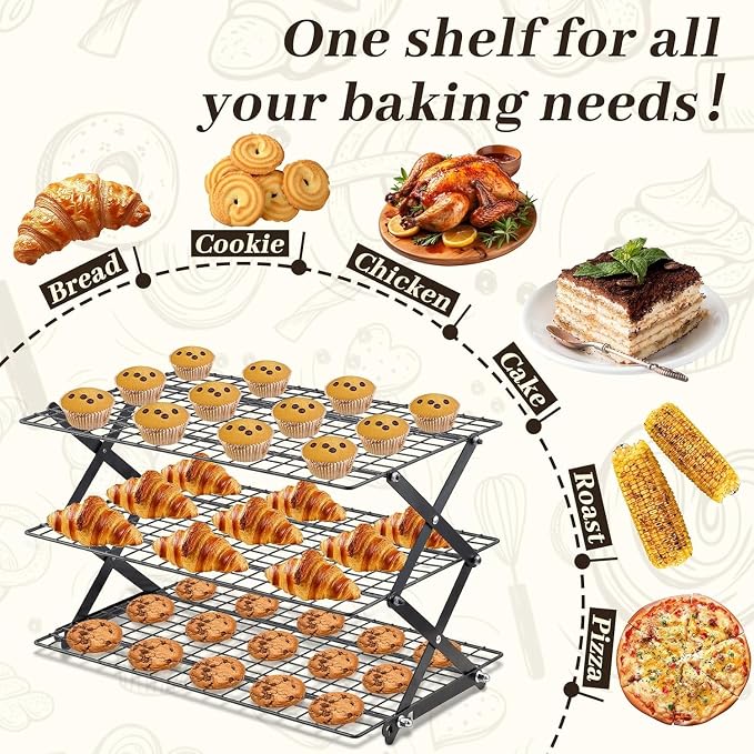 Pleafind 3 Tier Collapsible Cooling Rack - 4 Setting Design, Adjustable ＆ Stackable Baking Rack with X-Shaped Design and Leak-Proof Mesh Surface, Cooling Racks for Cooking and Baking, Dishwasher Safe