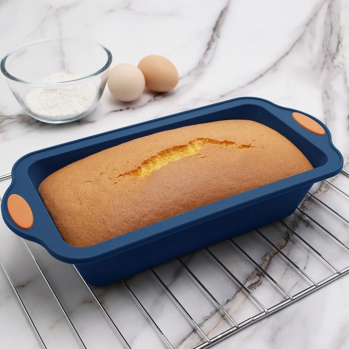 8 in 1 Silicone Baking Set - 6 Cake Molds - 2 Silicone Baking Mat, Nonstick Cookie Sheet, Cake Muffin Bread Pan with Grips and Metal Reinforced Frame More Strength, Navy Blue