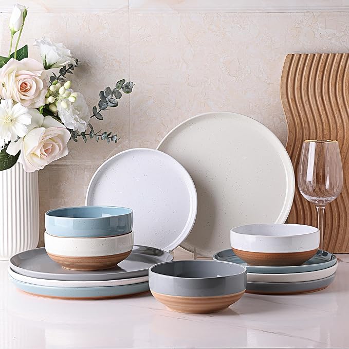 AmorArc Dinnerware Sets for 4, 12 Pieces Ceramic Plates and Bowls Set | Scratch Resistant Stoneware Dishes Set, Dishwasher & Microwave Safe, Multi-Color
