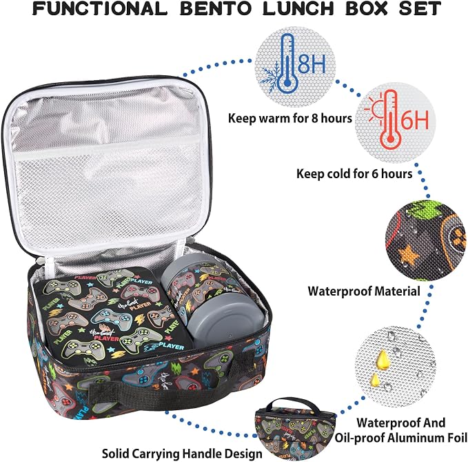 Bento Lunch Box Set for Kids with 10oz Soup Thermo, Leak-Proof Lunch Containers with 4 Compartment, Kids Thermo Hot Food Jar and Insulated Lunch Bag for Kid to School,BPA-Free(Black-Game Console)