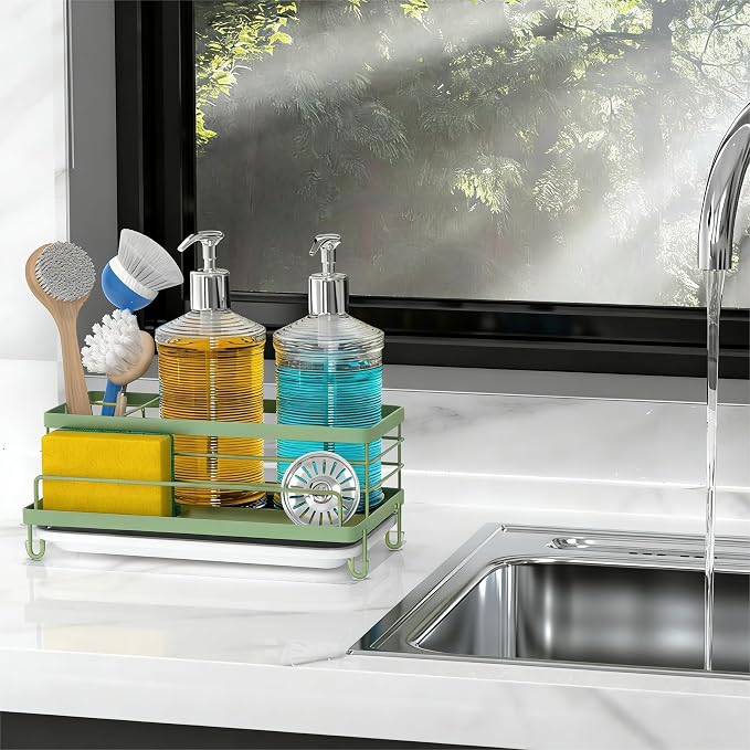 Cisily Sponge Holder for Kitchen, Sink Caddy Organizer, Kitchen Sink Accessories with Drip Tray, Rustproof and Non-slip Kitchen Sink Sponge Holder (Sage Green)