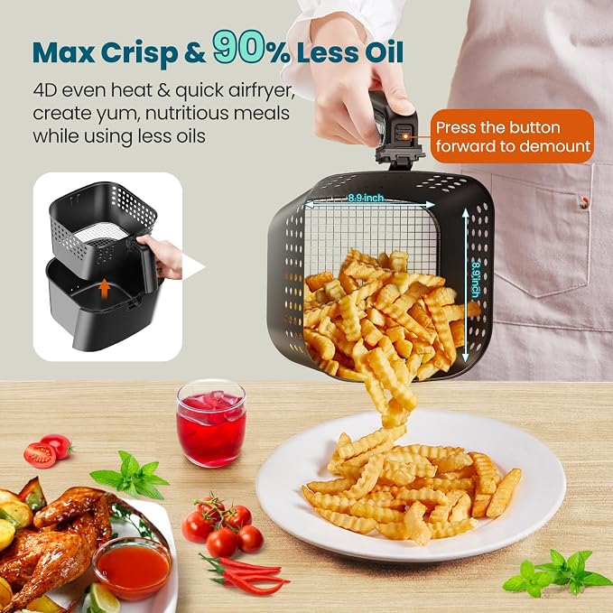 Nuwave Brio 10-in-1 Air Fryer, 6 QT Capacity with Smart Probe | Roast Grill Bake for Fast Meals, One-Touch Digital Controls, Powerful 1800W Fryer, 100 Recipes, Removable Divider, Grill Pan