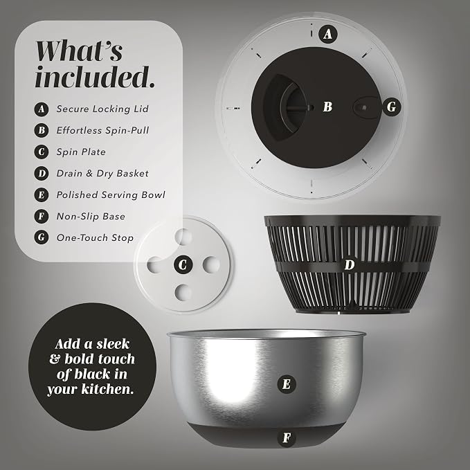 COOK WITH COLOR Stainless Steel Salad Spinner - 5 Qt. Lettuce Washer And Vegetable Spinner Dryer for Easy Salad Prep - Non Slip Base with Pull Handle - Auto Stop Brake System, Stain and Odor Resistant