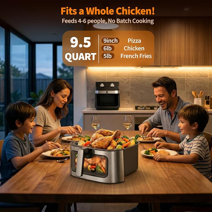 9.5Qt Large Air fryer Toaster Oven Combo with Mechanical Dial Controls | Non Toxic Stainless Steel Air Fryer with Viewing Window, XL Capacity Basket Style Airfryer for Family, Black