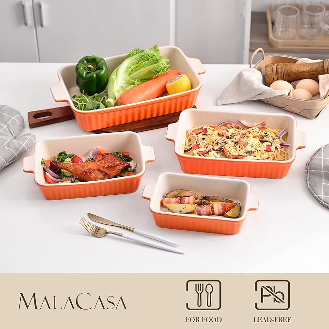 MALACASA Casserole Dishes for Oven, Ceramic Baking Dishes Set of 4,Orange | Rectangular Lasagna Pans Bakeware for Roasting Vegetable, Gratins, Gift Set, Oven Dishwasher Safe (9.4/11.1/12.2/14.7")