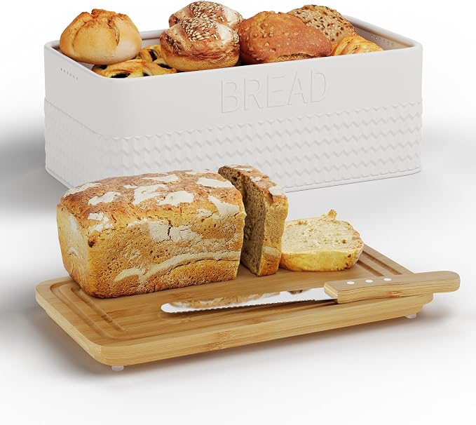 Bread Box for Kitchen Countertop,Metal Bread Storage Bin with Bamboo Cutting Board Lid, Includes Bread Knife, Fits Sourdough & Buns, Stylish Organize (White)