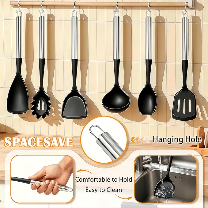 Large Silicone Cooking Utensils Set, 10Pcs Nonstick Kitchen Utensil Set with Stainless Steel Handle, BPA Free Spatula Set with Turners Spoon Ladle Skimmer(Black/Silver)