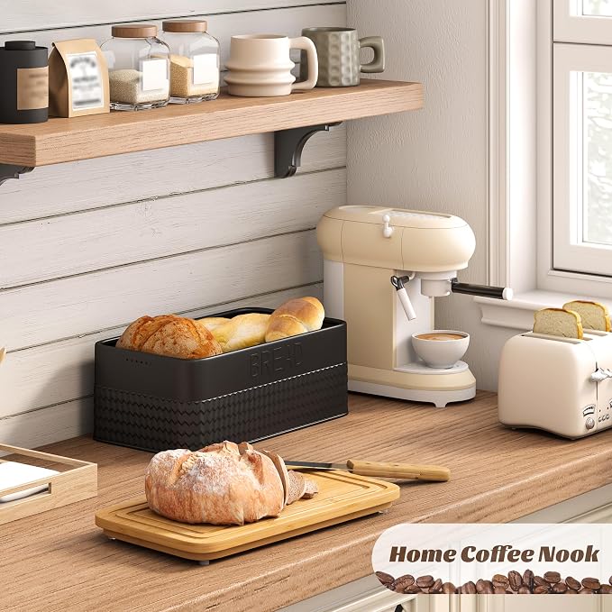 kiplant Black Bread Box for Kitchen Countertop, Large Bread Storage Container with Bamboo Lid, Iron Farmhouse Bread Box for Your House