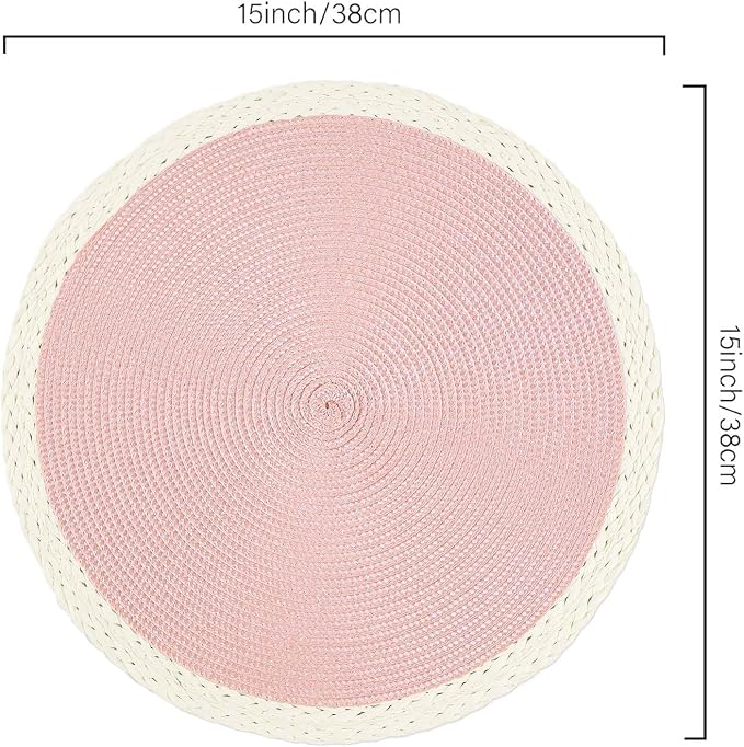 Round Placemats Set of 8, Woven Table Mats, Mint Pink | Braided Paper Edge, 15 Inch Diameter, Fits Dinner Plate and Flatware, Wipeable, Heat Resistant, Indoor Dining, Outdoor Patio