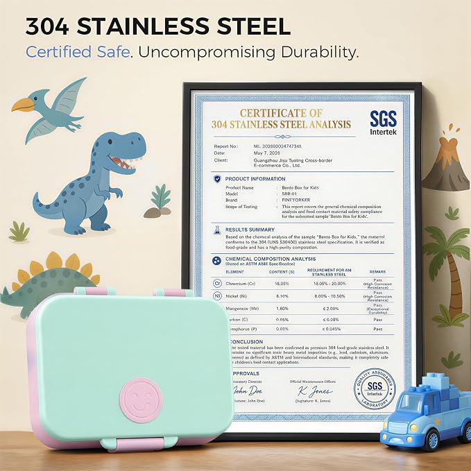 Kids Stainless Steel Bento Lunch Box, 4 Compartments | Leak-Resistant 4 Cups Lunch Container for Ages 4+ with Easy-Open Latch, Removable Seal & Meal Feedback Icon