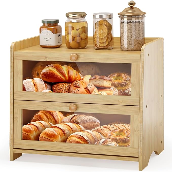 Double Layer Bread Box Container for Kitchen Countertop Homemade Bread | Large Breadbox Storage Wooden Farmhouse Bread Holder (Bamboo, Medim-15.7" L x 9.5" W x 13" H)