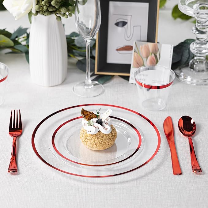 600PCS Clear & Red Plastic Plates, Disposable Dinnerware Set Heavy Duty | 100 Guest, 100 Dinner & Dessert Plates, Forks, Spoons, Knives, Cups, Red Rim, for Wedding Birthday Party Christmas