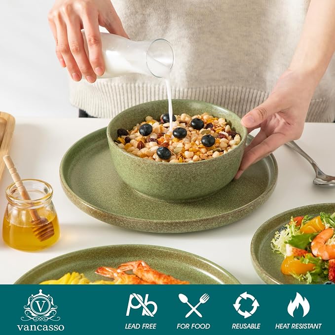 vancasso ZERMATT 18 Pieces Stoneware Dinnerware, Plates and Bowls Set for 6 | Dinnerware Set for 6 in Mossy Green Reactive Glaze Stoneware, Kitchen Dinner Set, Microwave and Dishwasher Safe