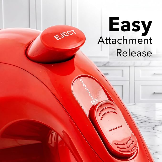 OVENTE 5-Speed Electric Hand Mixer with Storage Case,150W, Red HM151R | Stainless Steel Whisks, Compact Portable Design, Lightweight Handheld Mixer for Baking & Cooking