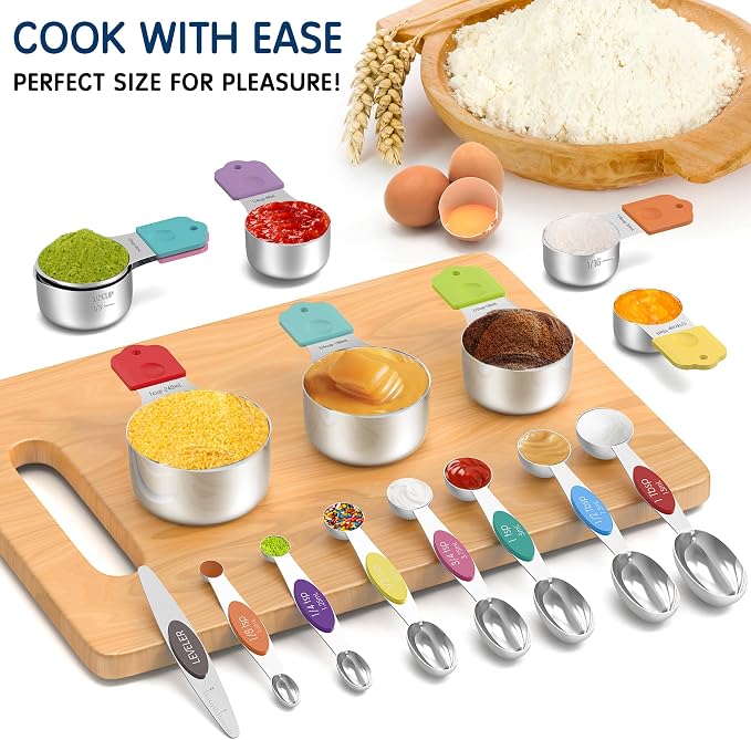 Magnetic Measuring Cups and Spoons Set, 5 Nesting Stainless Steel Measuring Cup Set with Easy to Read Markings, 7 Magnetic Measuring Spoons & 1 Leveler for Measuring Dry or Liquid Ingredients