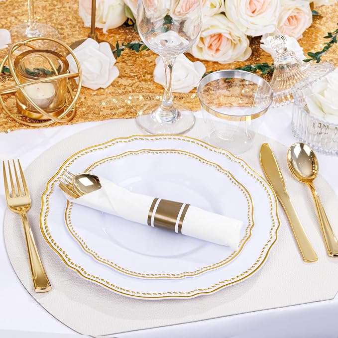 175 Pcs White and Gold Plastic Plates Wedding & Party | Gold Plastic Dinnerware Set Includes 25 Dinner Plates, 25 Dessert Dinnerware, 25 Cups, 25 Rolled Napkin Cutlery