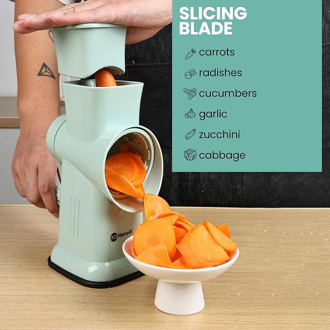 Rotary Cheese Grater with Hand Crank – 6-in-1 Cheese Shredder, 6 Stainless Steel Blades, Reinforced Suction Base, Grater for Cheese, Vegetables, Nuts
