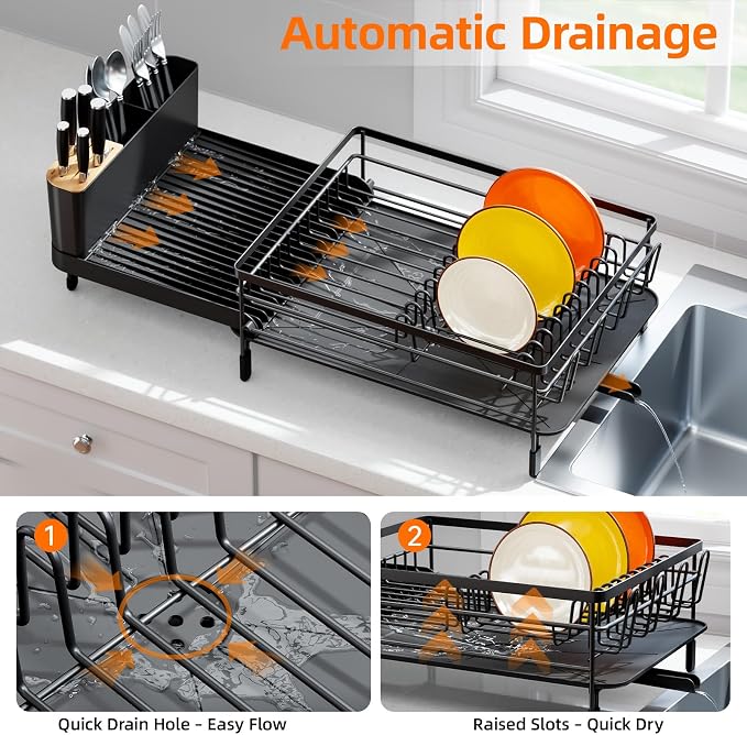 Urackify Extendable Dish Drying Rack, 18.5"-26.7" L x 12.7" W, Black | Multifunctional large dish rack with cup holder and built-in cutlery holder for versatile drying needs