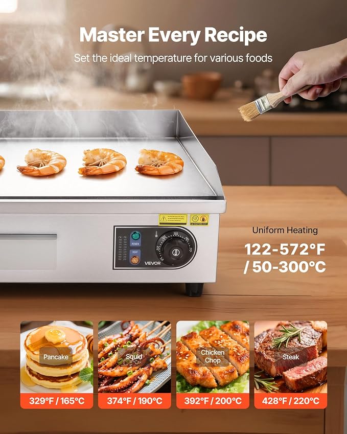 VEVOR Upgraded Commercial Electric Griddle, 2800W Stainless Steel Countertop Flat Top Grill, 26'' Griddle Grill with 2 Shovels and 2 Brushes, 122℉-572 ℉ Adjustable Temp, for Home Restaurant(No Plug)