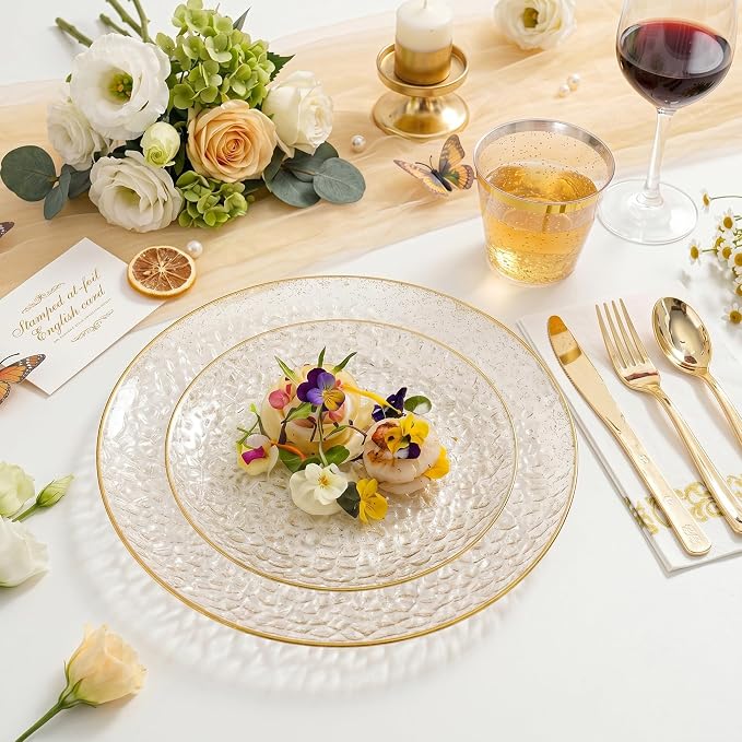 DaYammi 175PCS Clear Gold Glitter Plastic Dinnerware Set, Plastic Plates Disposable Hammered Plates for Party, Include: 25 Dinner Plates 25 Dessert Plates 75 Gold Silverware 25 Napkins 25 Cups