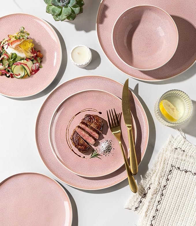 GBHOME Stoneware Dinnerware Sets for 8,24 Piece Rustic Plates and Bowls Set | Earthenware Handmade Reactive Glaze Plate Sets, Chip Resistant Ceramic Dishes, Microwave & Dishwasher Safe, Pink