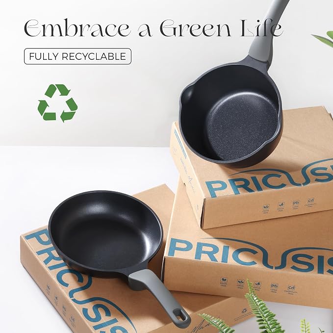 PRICUSIS Ceramic Nonstick Saucepan with Lid, 3 Quart Non Toxic Pot with Pour Spouts, Full Coated, 100% Dishwasher Safe, Induction Compatible, PFOS & PFOA Free, Black Sesame