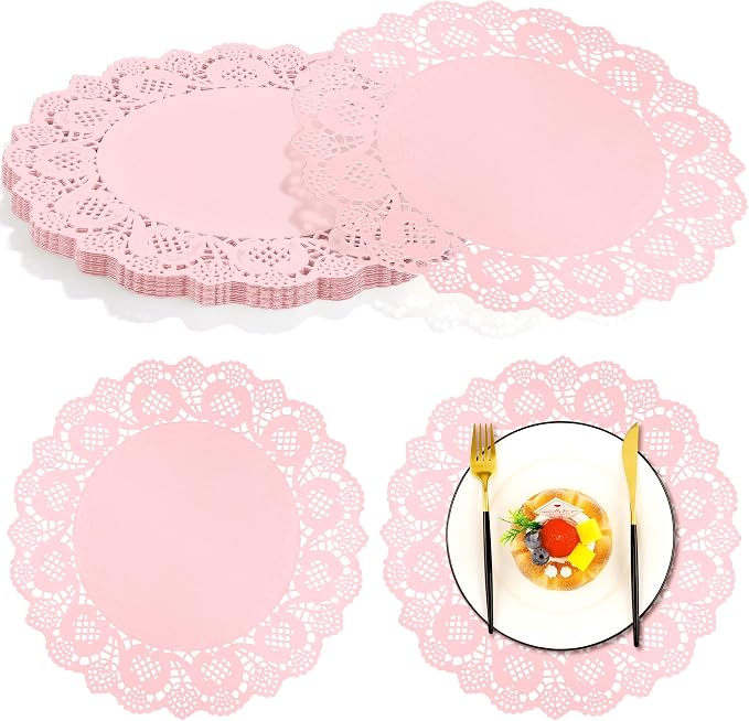 MCEAST 100 Pack Round Pink Paper Doilies 13.5 Inches Lace Paper Place Mats Rustic Scallop Doily Disposable Table Pads for Food Cakes Crafts Party Weddings Tableware Decor