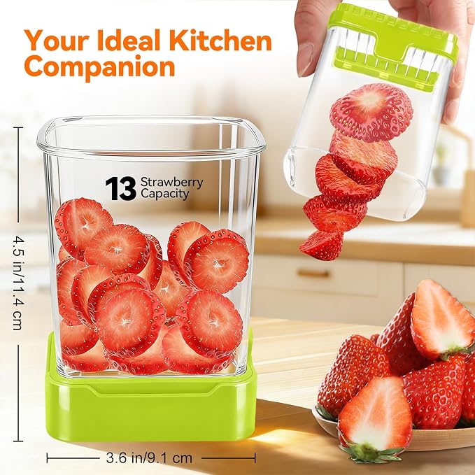 Strawberry Slicer Cup, Fruit Cutter, Quick-Slice, Meal Prep, Green | Dual-Function Base, Easy-Clean & Storable – 304 Stainless Steel Blade – Quick & Safe Slicing Kitchen Gadget