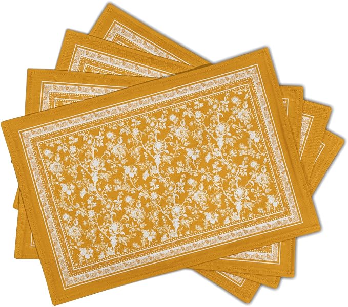 Rustic Yellow Vintage Flowers Placemats Set of 4，Chinoiserie Floral Branches Decoration Table Mat Washable Non-Slip Place Mats 12 x 18 Inch for Party Kitchen Dining