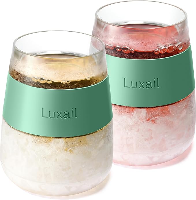 luxail Wine Glasses, Plastic Wine Glasses Set of 2, Wine Gifts, Double Wall Insulated Freezer Tumbler, Stemless Freezer cups for Red and white Wine, 8.5 Oz, Sage Green