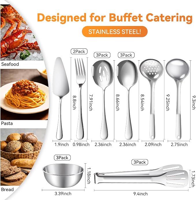 Serving Utensils Set for Partie, Stainless Steel Metal Serveware Flatware Large Serving Spoons, Slotted Spoons, Forks, Tongs, Soup and Skimmer Spoon, Cake Server for Buffet, Party, Catering