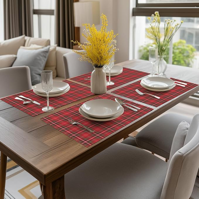 Artoid Mode Red Buffalo Plaid Winter Placemats Set of 4, Washable Heat Resistant Non-Slip Woven Plastic PVC Place Mats for Farmhouse Holiday Party Kitchen Dining Decor