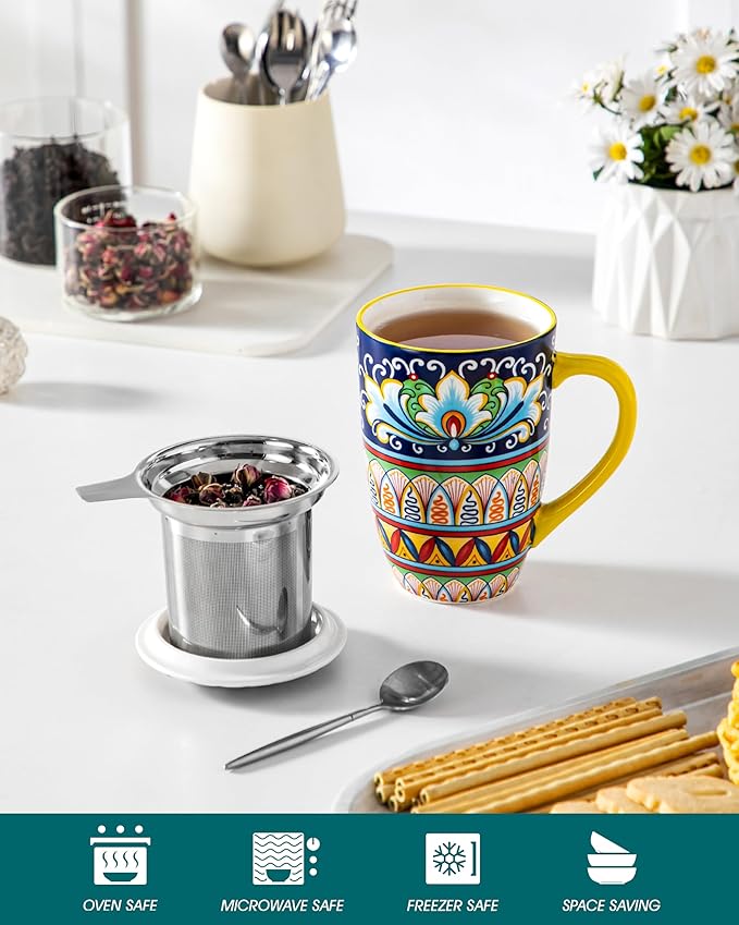 vancasso Ceramic Tea Mug with Infuser and Lid, 18 Ounce Bohemian Loose Leaf Cup, Microwave & Dishwasher Safe, Perfect for Tea, Coffee, Beige-Mustard Tribe