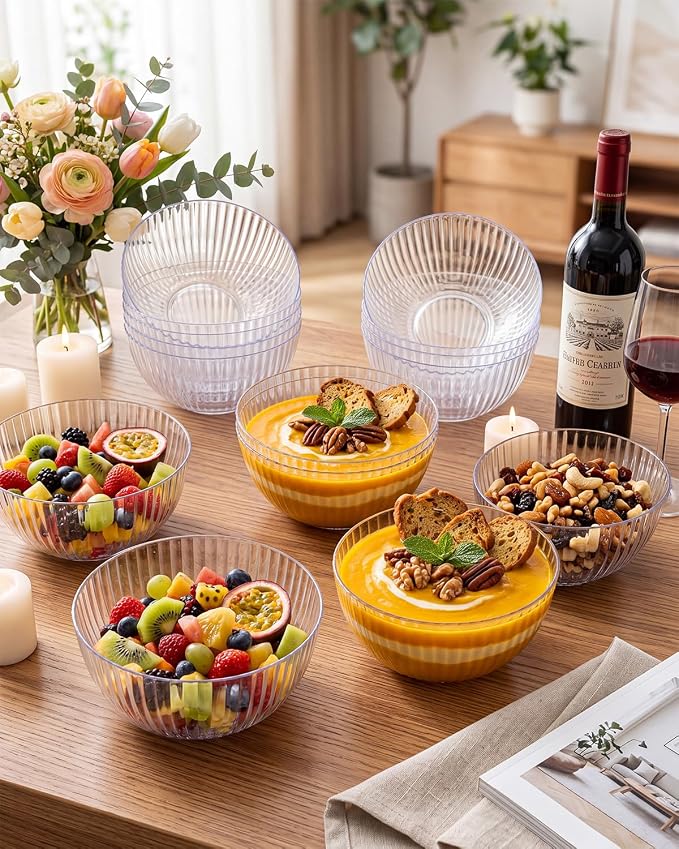 bUCLA 12 PCS Plastic Cereal Bowls Set - 28 Oz Clear Disposable Vertical Stripes Serving Bowls for Snack, Salad, Dessert & Fruit