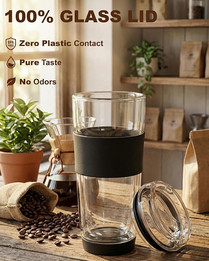 14oz Double Walled Glass Coffee Tumbler with Full Glass Lid | Silicone Sleeve, Non-Slip Insulated Travel Mug, Protective Bottom Bumper, 100% Plastic-Free