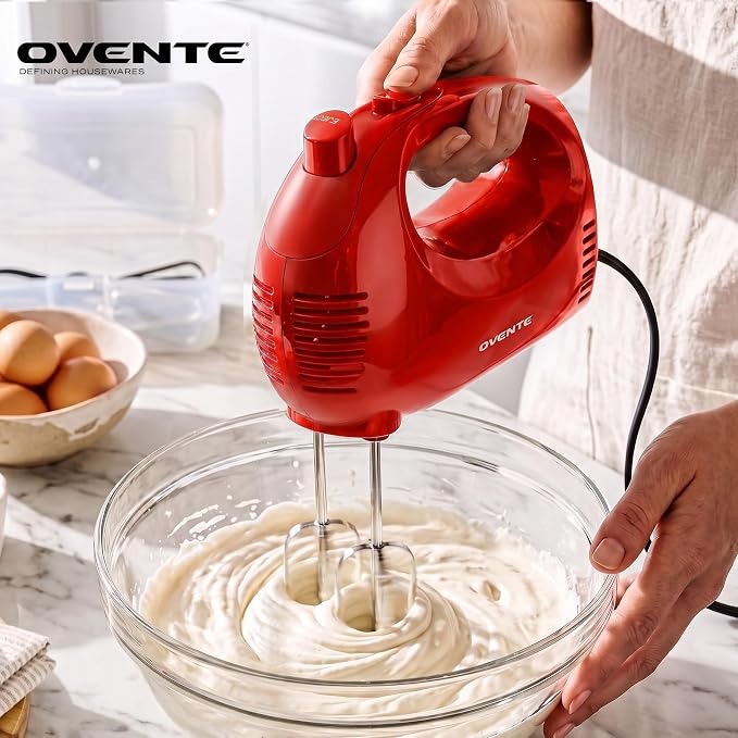 OVENTE 5-Speed Electric Hand Mixer with Storage Case,150W, Red HM151R | Stainless Steel Whisks, Compact Portable Design, Lightweight Handheld Mixer for Baking & Cooking