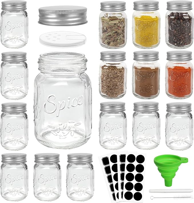 CycleMore 15 Pack 4oz Glass Spice Jars with Metal Caps and Shaker Lids