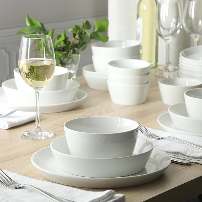 Martha Stewart Selma Plates and Bowls Sets, 30-Piece Porcelain Dinnerware Set for 6, White Dish Set with Dinner Plates, Dessert Plates, Pasta Bowls, Cereal & Fruit Bowls
