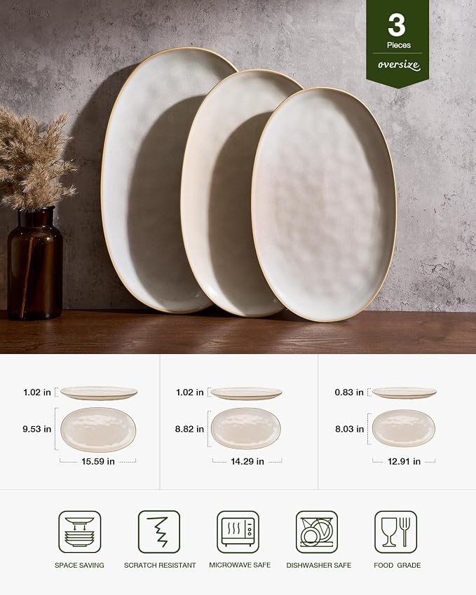 famiware Serving Platters Set of 3 Sizes - Oval, Cappuccino White | 15.59"/14.3"/12.9" Fine Stoneware Serving Trays for Party, Entertaining for Food, Turkey, Cheese, Microwave Dishwasher Safe