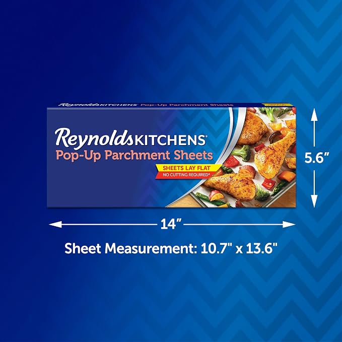 Reynolds Kitchens Pop-Up Parchment Paper Sheets, 30 Count, Fits Standard Baking Pans and Cookie Sheets, Non-Curling, Non-Stick, Pre-Cut, Oven-Safe Up to 425F, 10.75 in x 13.75 in (Pack of 2)