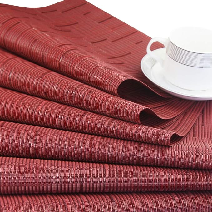 PIGCHCY Elegant Placemats with Matching Table Runner,Washable Durable Placemats Crosswoven Vinyl Table mats Sets(6pcs Placemats+1pcs Table Runner,Same Style,Burgundy Red)