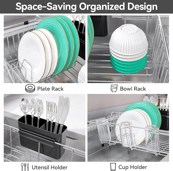 Urackify 304Stainless Steel Expandable Over Sink & in Sink Dish Rack,Silver | Fits over sink for direct drainage, expandable 15-23 inches saves counter space, includes utensil and cup holder