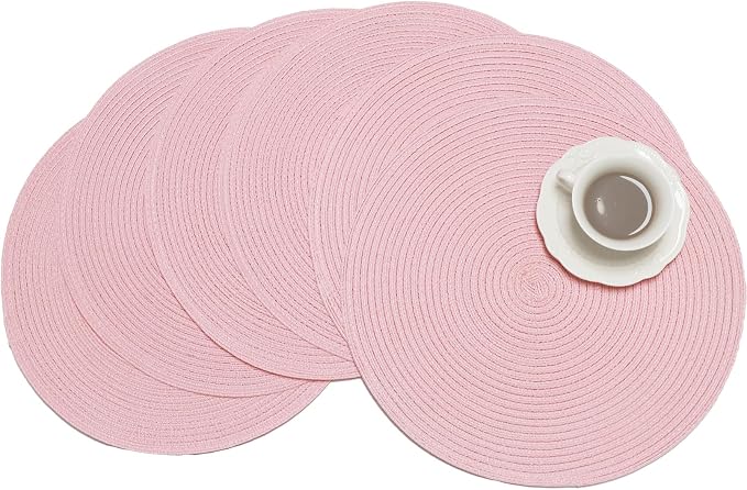 Winknowl 15 Inch Round Braided Placemats Set of 6, Washable Cotton Polyester Table Mats, Heat Resistant Non-Slip Place Mats for Kitchen Dining Table Decor (Pink,6pcs)