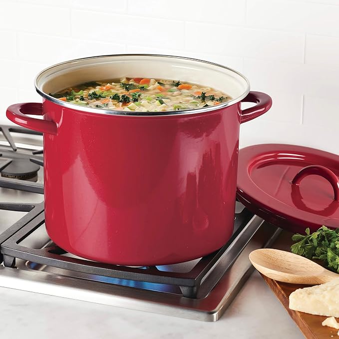 Rachael Ray Create Delicious Large Enamel on Steel Induction 12 Qt Stock Pot with Lid, Red Shimmer