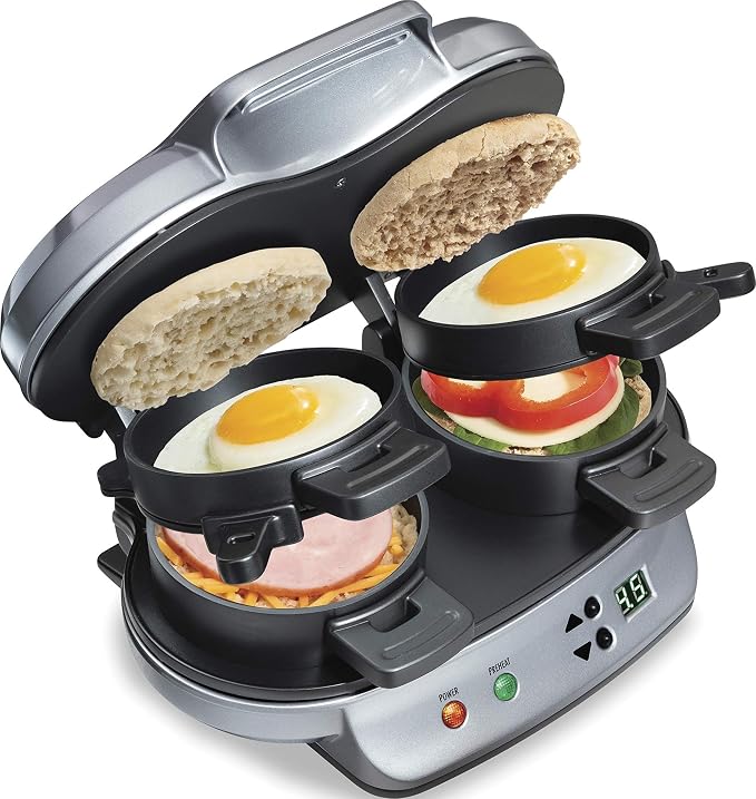 Hamilton Beach Dual Breakfast Sandwich Maker with Egg Cooker Rings & Timer | Perfect for English Muffins, Croissants, Mini Waffles | Customizable & Fast |PFAS-Free | Silver | 25490MNA