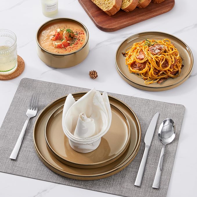LIANYU Dinnerware Sets for 4, 12 Piece Modern Stoneware Dishes Set | Elegant Plate and Bowl, Ceramic Dining Dishware for Dinner, Rustic Terracotta Bottom, Microwave & Dishwasher Safe, Amber Gold