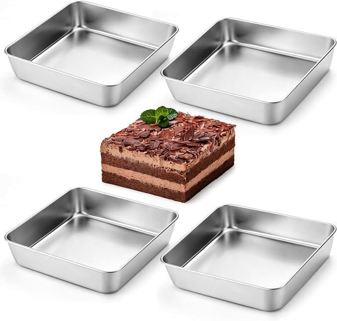 Leonyo Non-Toxic Stainless Steel 9x9 Baking Pan Square Cake Pan, 4 Pack | Commercial Metal 9x9IN Pan Square Baking Dish For Brownie, Cornbread, Banana Bread, Lemon Bars, Dishwasher Safe