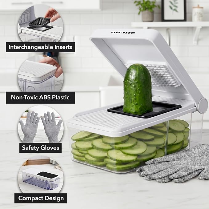 OVENTE 7-in-1 Vegetable Chopper and Mandoline Slicer, White MD71W | With 7 Interchangeable Blades and Safety Gloves, Multifunctional Kitchen Gadget for Fruit, Onion, Potato, Cucumber & More