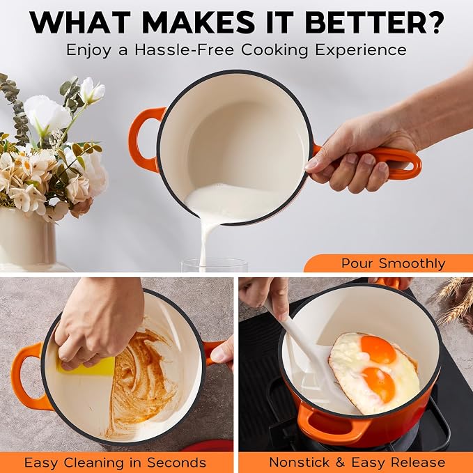 Onader Saucepan Set with Lid, 1QT & 2QT Small Enameled Cast Iron Pot Sets for Cooking, Nonstick Sauce Pan Dutch Oven, Induction Compatible, Heavy Duty – Sunset Orange
