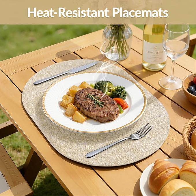Placemats Set of 6, 11.8 x 17 Inch, Beige | Heat Resistant Oval Faux Leather Place Mats, Waterproof Wipeable Reversible PU Placemat, Indoor & Outdoor